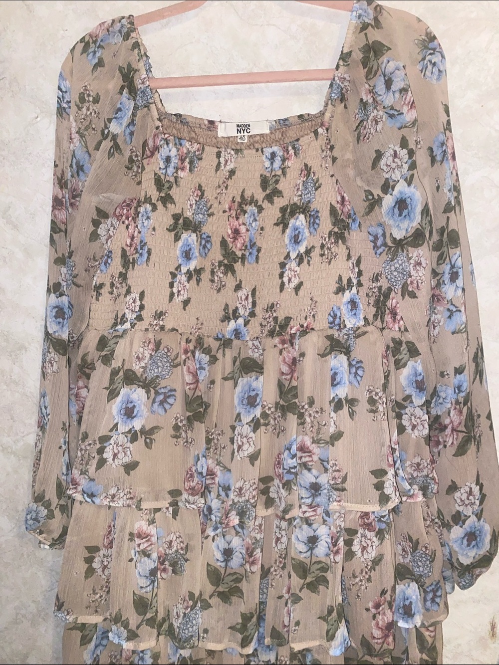 Floral Tiered Maxi Dress in Beige with Blue Roses - Picture 3 of 3